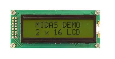 Produktfoto 1 von Midas MC21 Monochrom LCD, Alphanumerisch Reflektierend Schwarz 1 Zeile mit 16 Zeichen, Hintergrund Grün, Gelb, Parallel