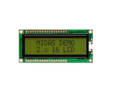 Produktfoto 1 von Midas MC216 Monochrom LCD, Alphanumerisch Schwarz 2 x 16, Hintergrund Grün, Gelb, Parallel Interface