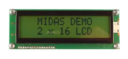 Produktfoto 1 von Midas MC216 Monochrom LCD, Alphanumerisch Schwarz 2 x 16, Hintergrund Grün, Gelb, Parallel Interface