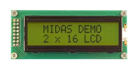 Produktfoto 1 von Midas MC216 Monochrom LCD, Alphanumerisch LED Schwarz 2 x 16, Hintergrund Gelb, Grün, Parallel Interface