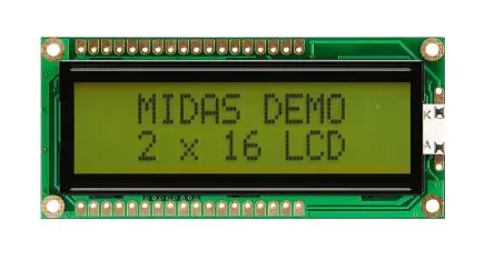 Produktfoto 1 von Midas MC216 Monochrom LCD, Alphanumerisch LED Schwarz 2 x 16, Hintergrund Grün, Gelb, Parallel Interface
