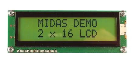 Produktfoto 1 von Midas MC216 Monochrom LCD, Alphanumerisch LED Schwarz 2 x 16, Hintergrund Grün, Gelb, Parallel Interface