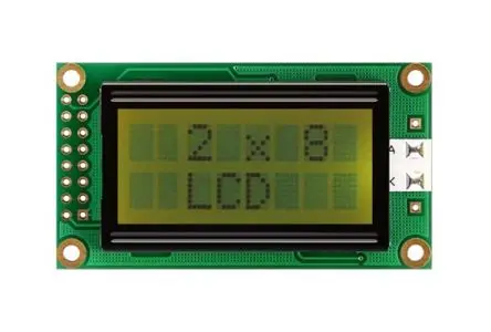 Produktfoto 1 von Midas MC20 Monochrom LCD, Alphanumerisch Schwarz 2 x 8, Hintergrund Gelb, Grün, Parallel Interface