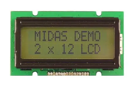 Produktfoto 1 von Midas MC21 Monochrom LCD, Alphanumerisch Ohne Hintergrundbeleuchtung Schwarz 2 x 12, Hintergrund Grün, Gelb