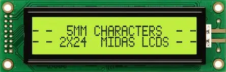 Produktfoto 1 von Midas MC22 Monochrom LCD, Alphanumerisch LED Schwarz 2 x 24, Hintergrund Gelb, Grün, Parallel Interface
