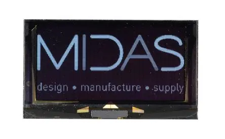 Produktfoto 1 von Midas 2.71 Zoll Weiß OLED-Display 256 x 128 Pixel, 30.70 x 61.42 / 2:1 Passiv-Matrix COG I2C, Parallel, SPI