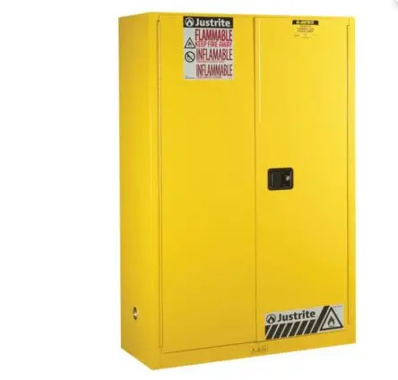 Produktfoto 1 von Justrite Stahl Schrank für entflammbare Substanzen Gelb, 2 Tür Abschließbar, 2 Regal/e, 1651 mm x 1092mm x 457 mm