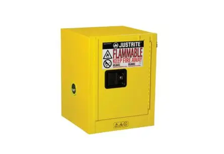 Produktfoto 1 von Justrite Stahl Schrank für entflammbare Substanzen Gelb, 1 Tür Abschließbar, 1 Regal/e, 559 mm x 432mm x 432 mm