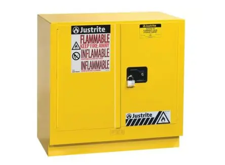 Produktfoto 1 von Justrite Stahl Schrank für entflammbare Substanzen Gelb, 2 Tür Abschließbar, 1 Regal/e, 889 mm x 889mm x 559 mm