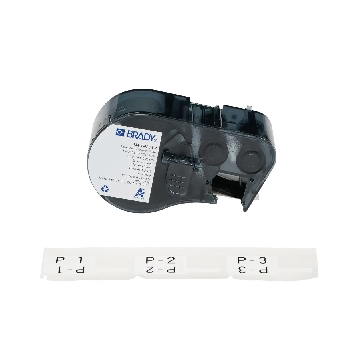 Produktfoto 1 von Brady Etikette auf Rolle B. 20.02 mm für BMP41, M410, M511, M510, BMP53, BMP51 120 Per Roll auf Weiß Schwarz