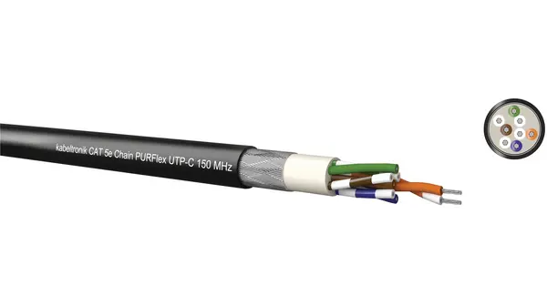 Produktfoto 1 von Kabeltronik CHAIN PUR FLEX Cat5e Cat.5e Netzwerkkabel, 100 m, Schwarz Ungeschirmt Geschirmt, Aussen ø 6.2 mm Außen-ø ,