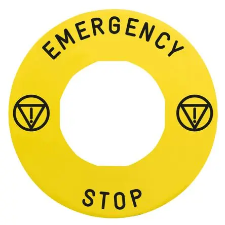 Produktfoto 1 von Schneider Electric Legende und Legendenhalterung für Drucktaste Schwarz EMERGENCY STOP auf gelbem Hintergrund