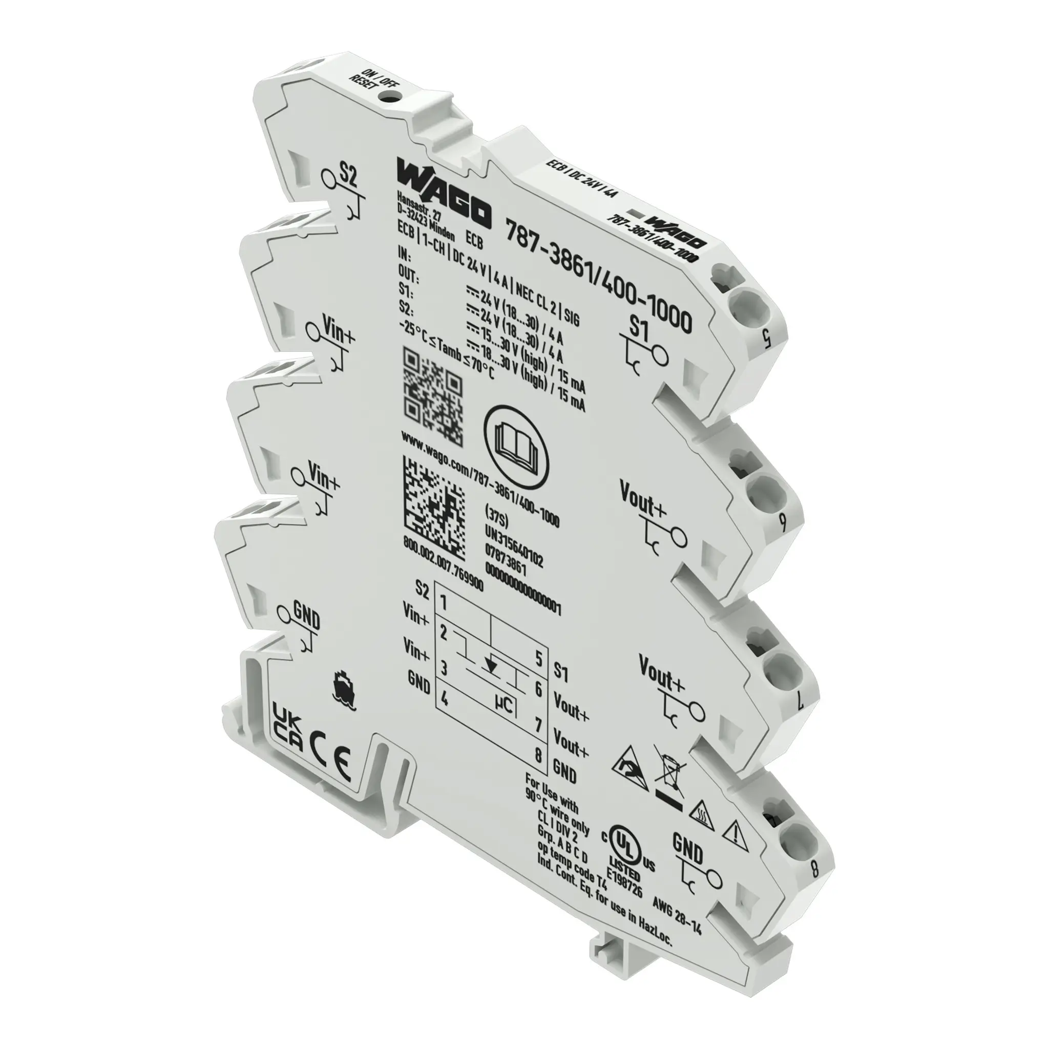 Produktfoto 1 von WAGO 787 Elektronischer Schutzschalter 24V 1, 10 A DIN-Hutschiene L. 97.8 mm x 6 mm