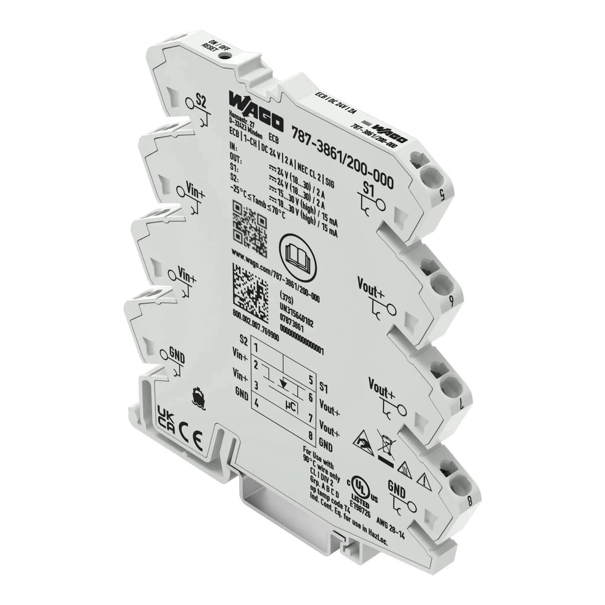 Produktfoto 1 von WAGO 857 Elektronischer Schutzschalter 24V 1, 2 A DIN-Hutschiene L. 94 mm x 6 mm