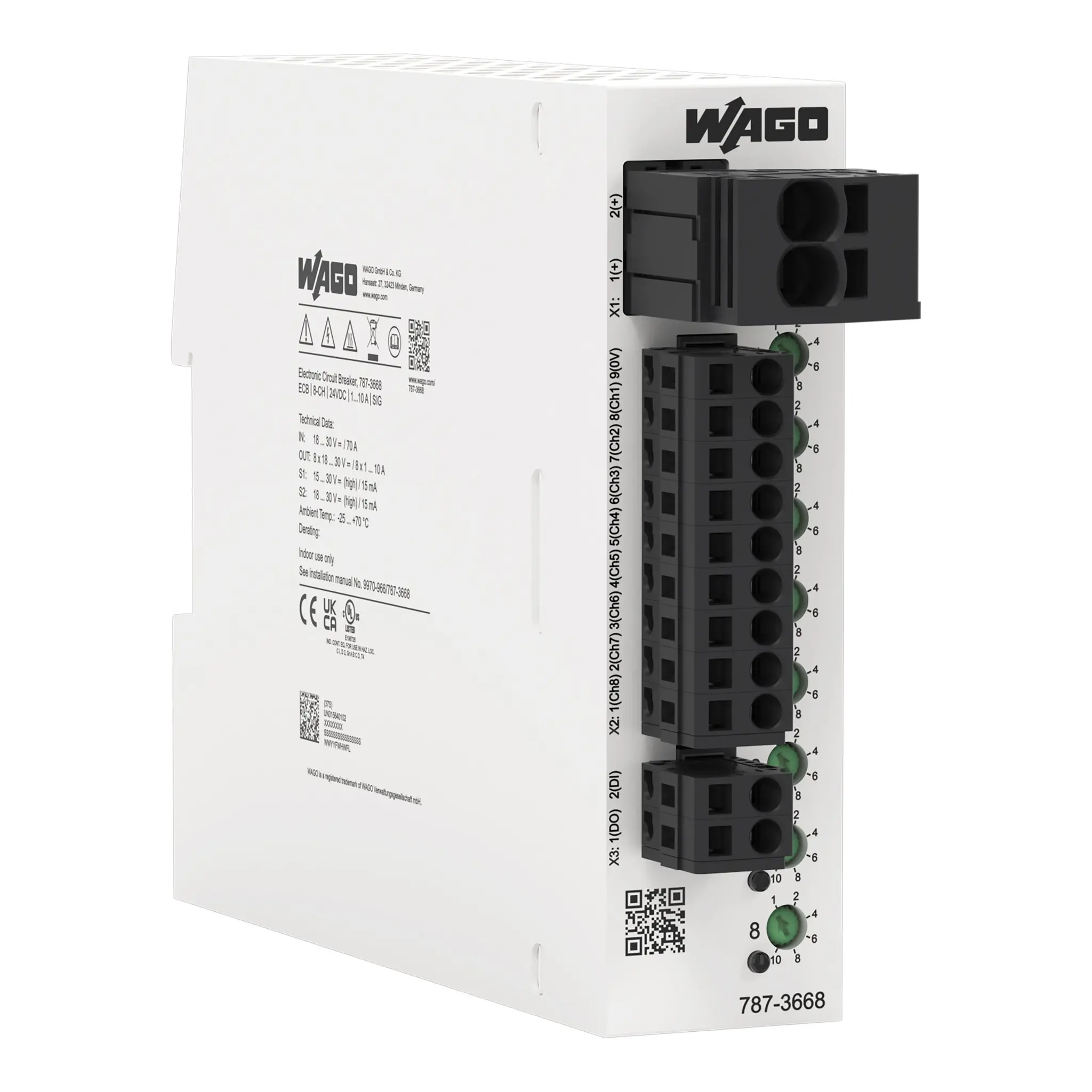 Produktfoto 1 von WAGO 787 1 to 10 A Elektronischer Schutzschalter 24V 8, 10 A DIN-Hutschiene L. 115 mm x 32 mm