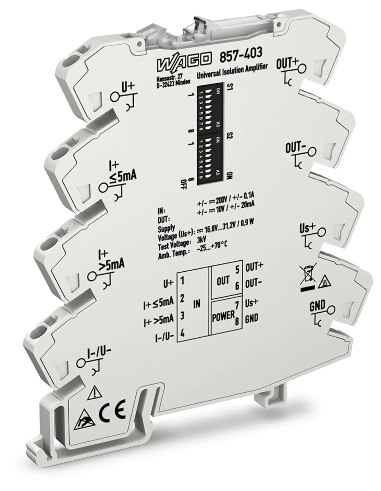 Produktfoto 1 von WAGO Serie 857 Signalwandler 24V dc, Strom/Spannung 0 → 100 mA EIN / Strom/Spannung 0 → 10 V AUS DIN-Hutschiene