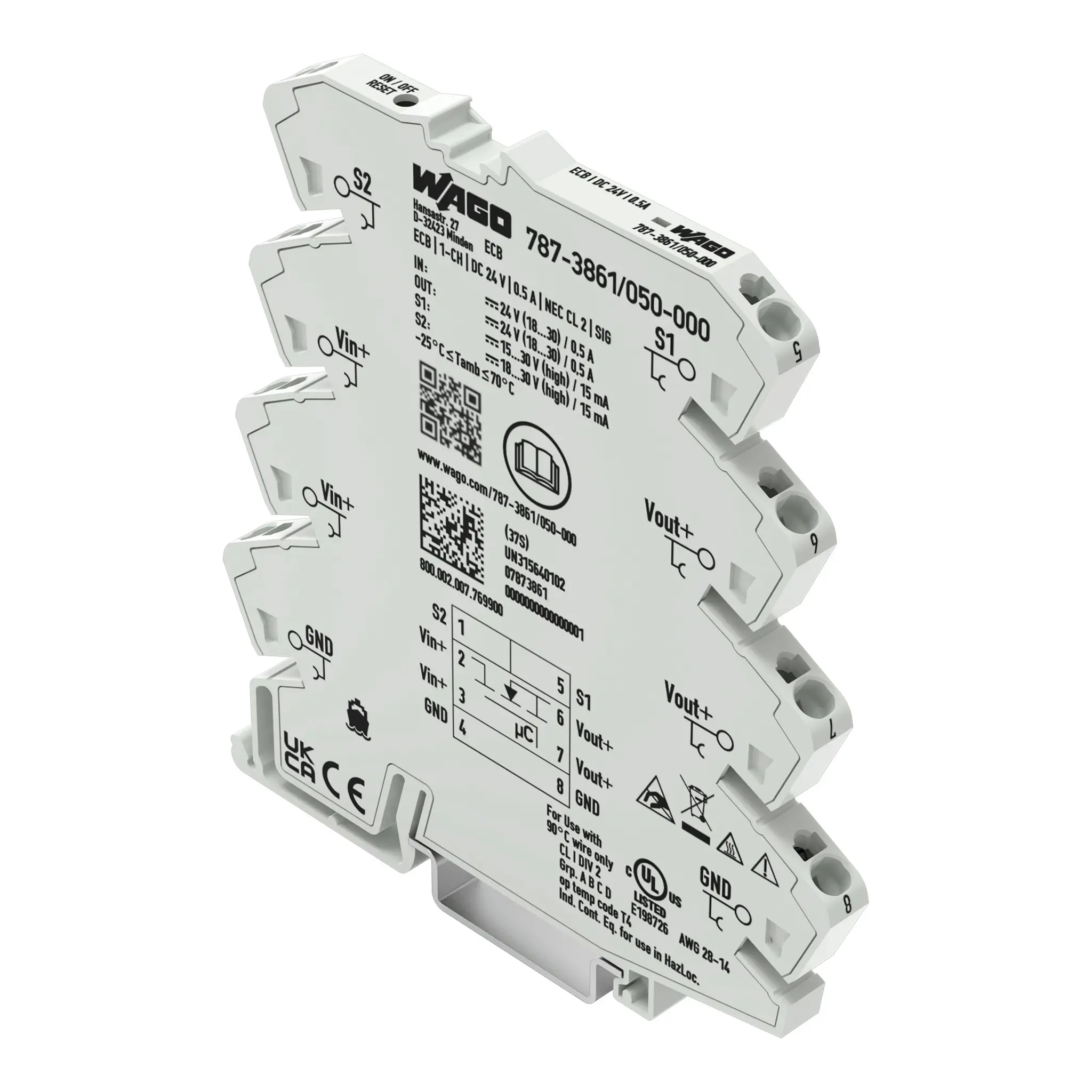 Produktfoto 1 von WAGO 857 Elektronischer Schutzschalter 24V 1, 0.5 A DIN-Hutschiene L. 94 mm x 6 mm