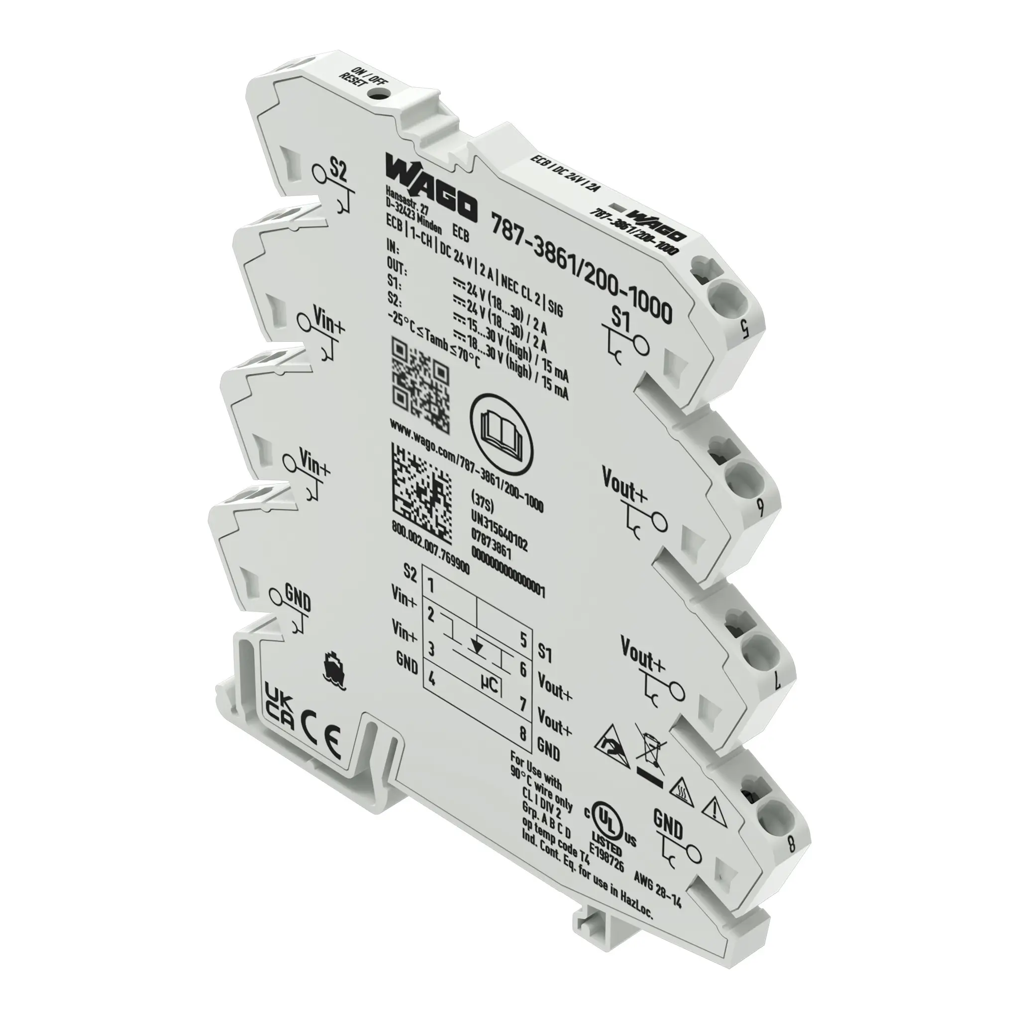 Produktfoto 1 von WAGO 857 Elektronischer Schutzschalter 24V 1, 2 A DIN-Hutschiene L. 94 mm x 6 mm
