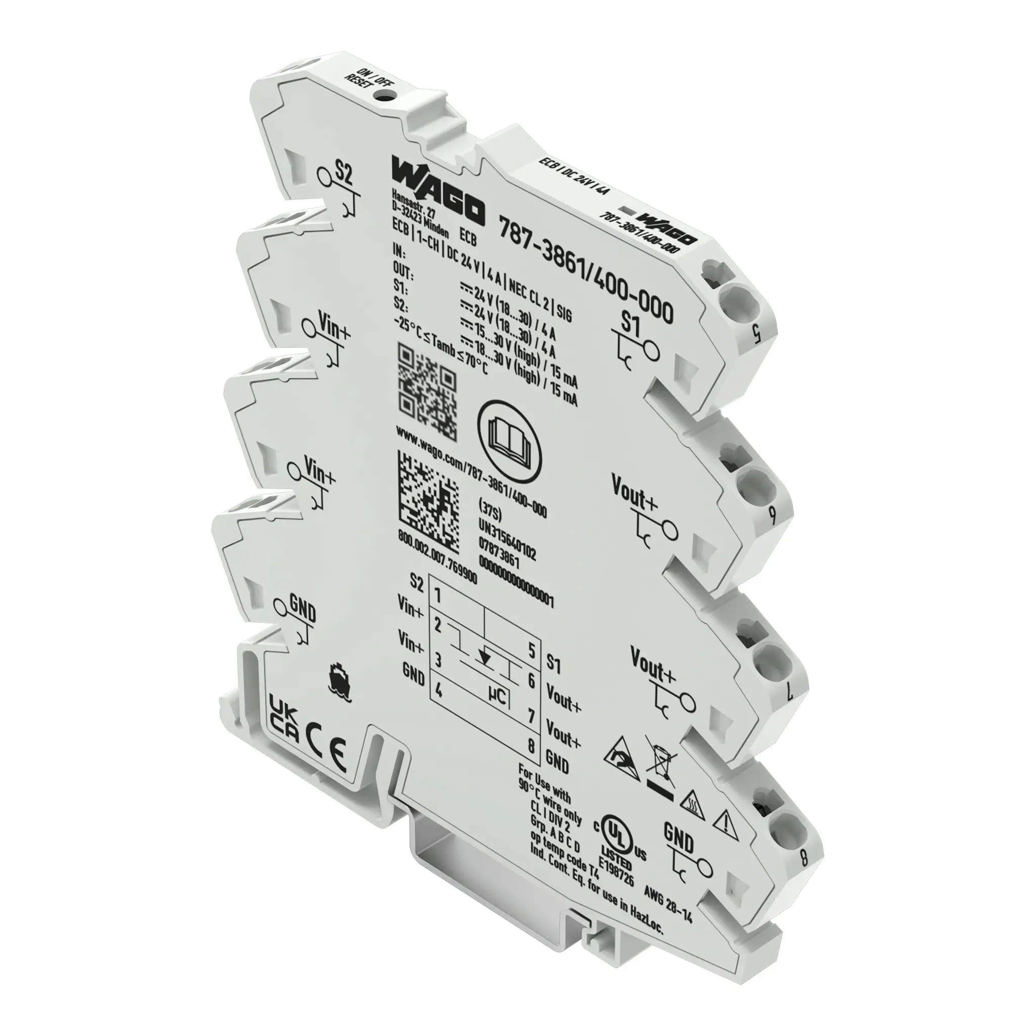 Produktfoto 1 von WAGO 857 Elektronischer Schutzschalter 24V 1, 4 A DIN-Hutschiene L. 94 mm x 6 mm