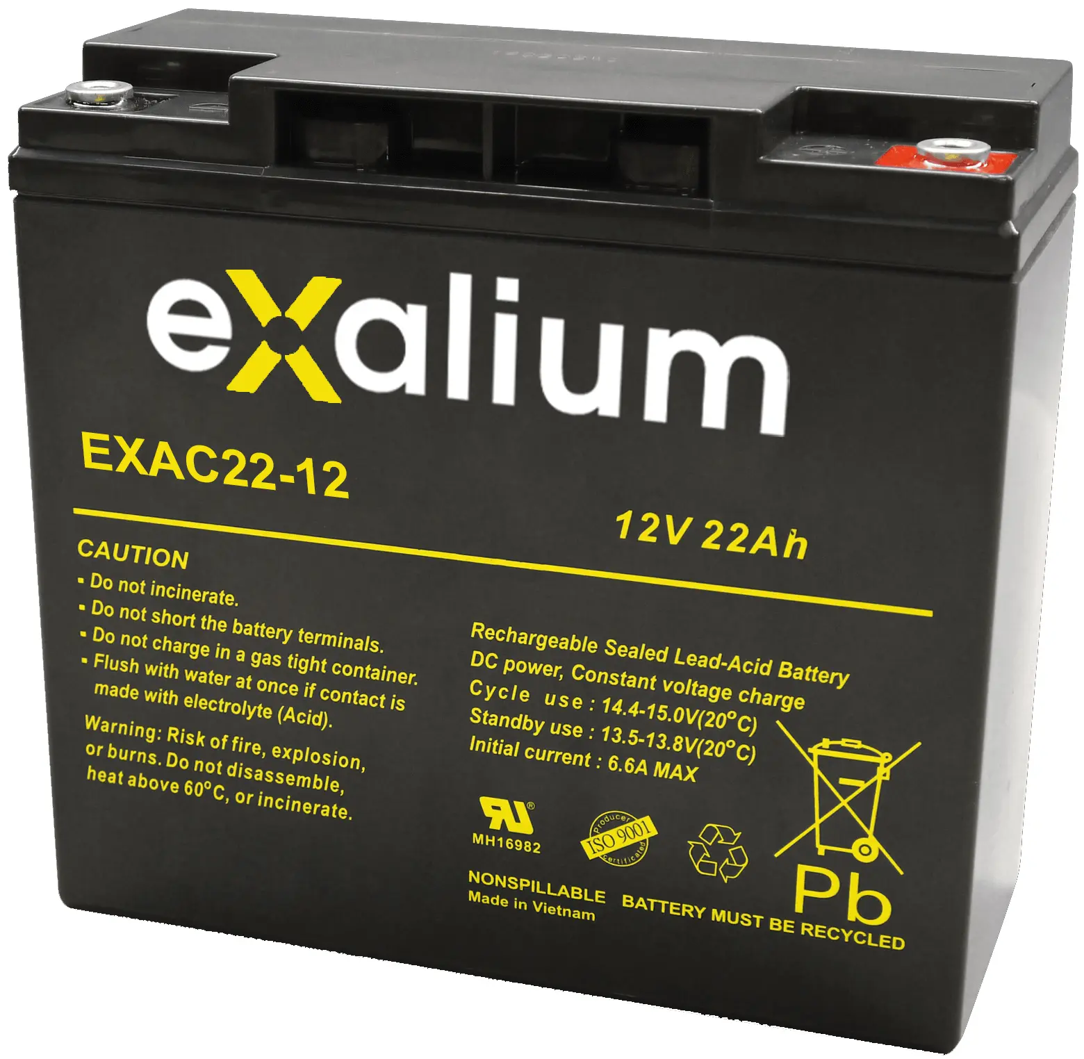 Produktfoto 1 von Exalium EXALIUM EXAC Abgedichteter Bleiakku, 12V / 22Ah, M5-Anschluss, 181 X 76 X 167mm