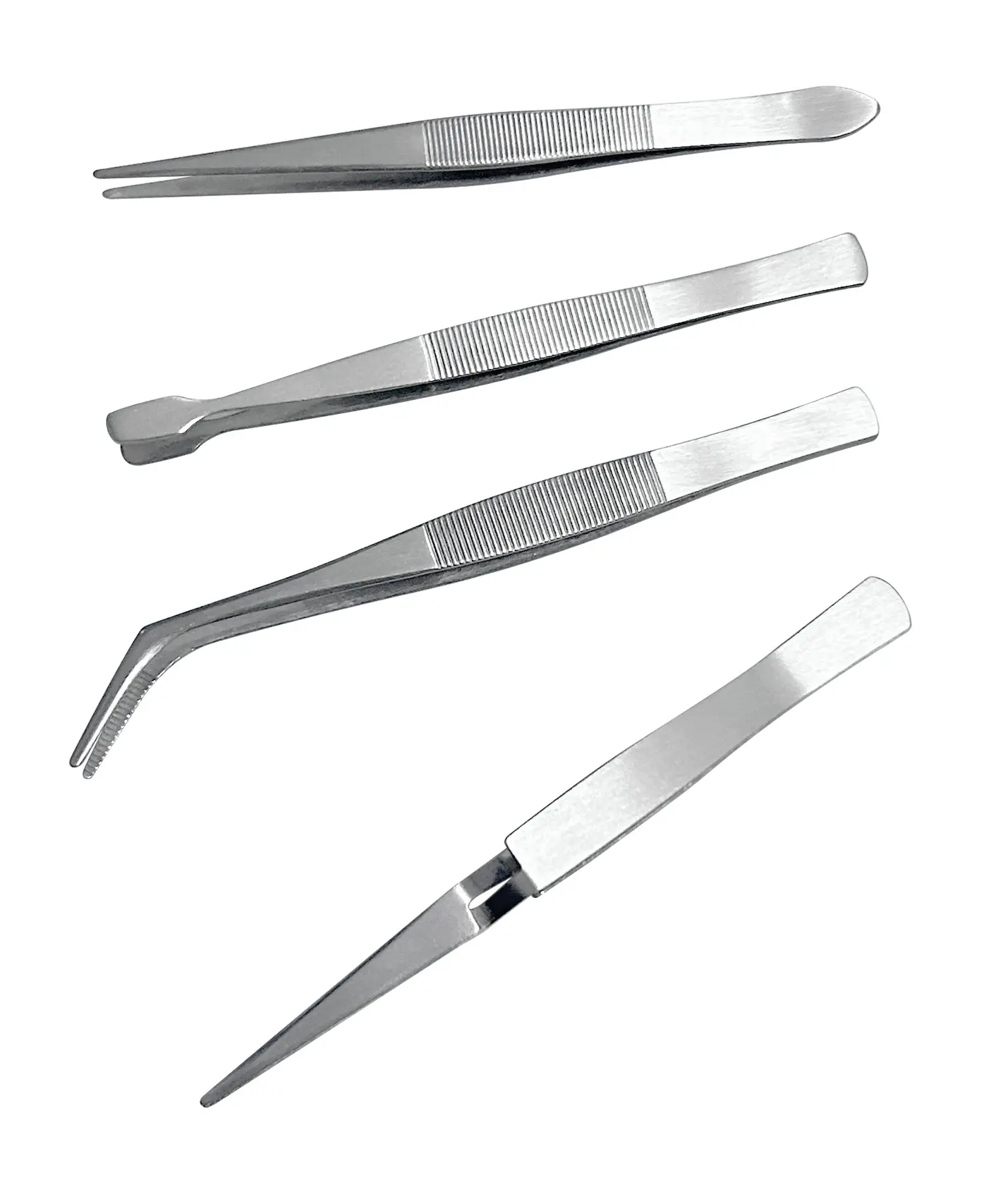 RS PRO Edelstahl Pinzette, 113 → 120 mm Gerade, Spitze Winkel, Flach, Schmal, Scharf Antimagnetisch 4-teilig