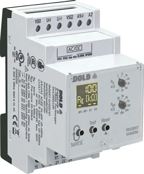 Produktfoto 1 von Dold VARIMETER IMD Isolationswächter, 1-poliger Umschalter 2A - 5A, DIN-Hutschiene, 500 to 1000 V dc, 400V ac, 690 V ac
