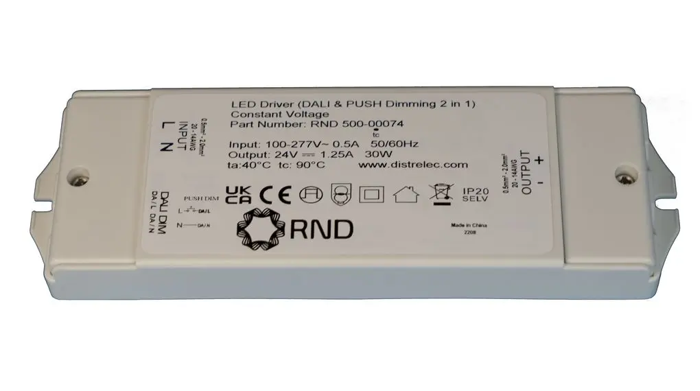 Produktfoto 1 von RND LED-Treiber, 30 W 100/277 V Drücken 1.25 A, Ausgang 24 V DALI- und Push-Dimmfunktion