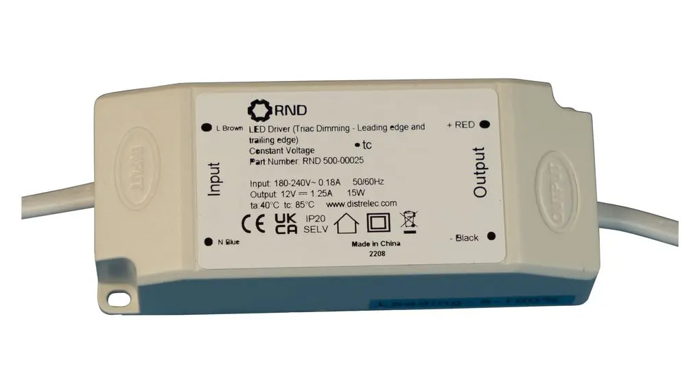 Produktfoto 1 von RND LED-Treiber, 15 W 180/240 V Triac-dimmbar 0.62 A, Ausgang 12 V Kompatibel mit Vorderkanten-Dimmern, TRIAC
