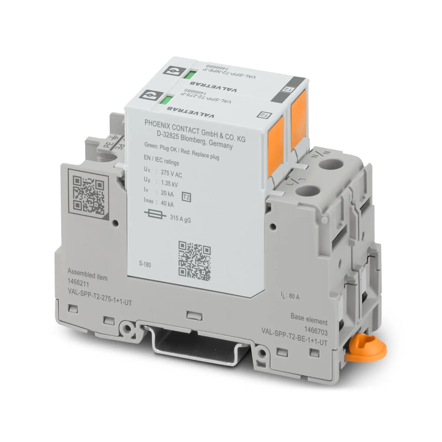 Produktfoto 1 von Phoenix VAL Überspannungsableiter Arrester Typ 2 40 kA 305V dc, DIN-Hutschiene, -40 °C→85 °C