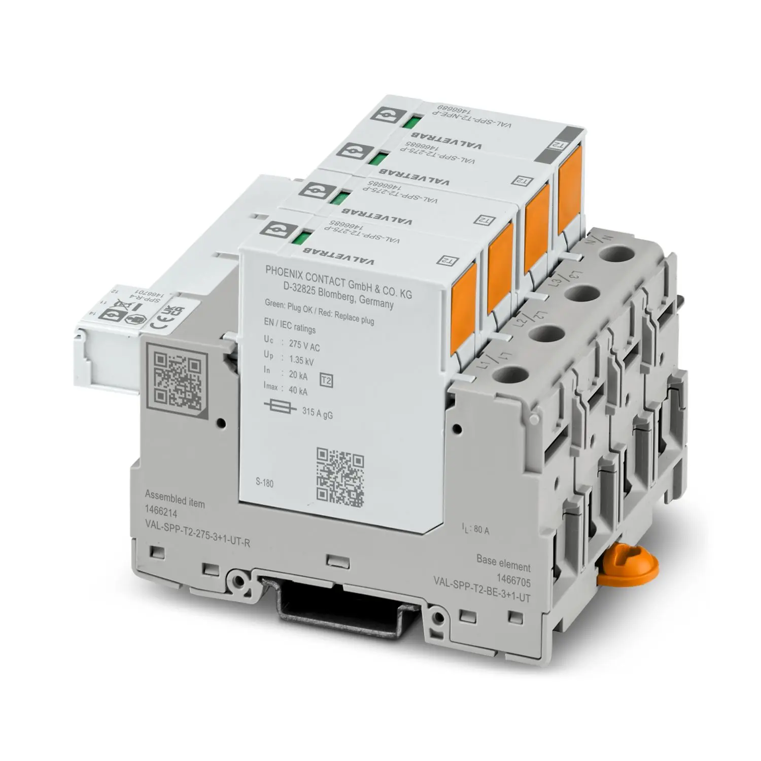 Produktfoto 1 von Phoenix VAL Überspannungsableiter Arrester Typ 2 40 kA 305V dc, DIN-Hutschiene, -40 °C→85 °C