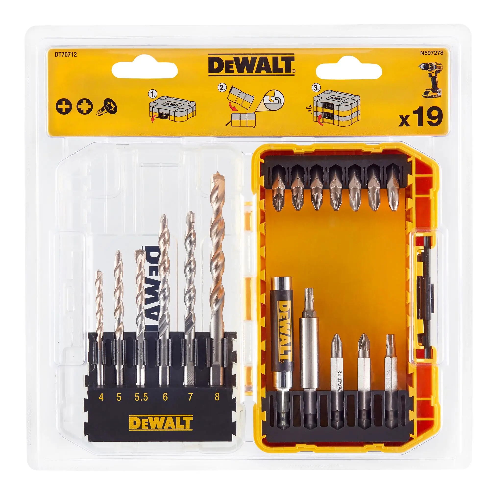 Produktfoto 1 von DeWALT HSS Mauerwerk Satz 4 mm → 8 mm, 19-teilig für Mauerwerk