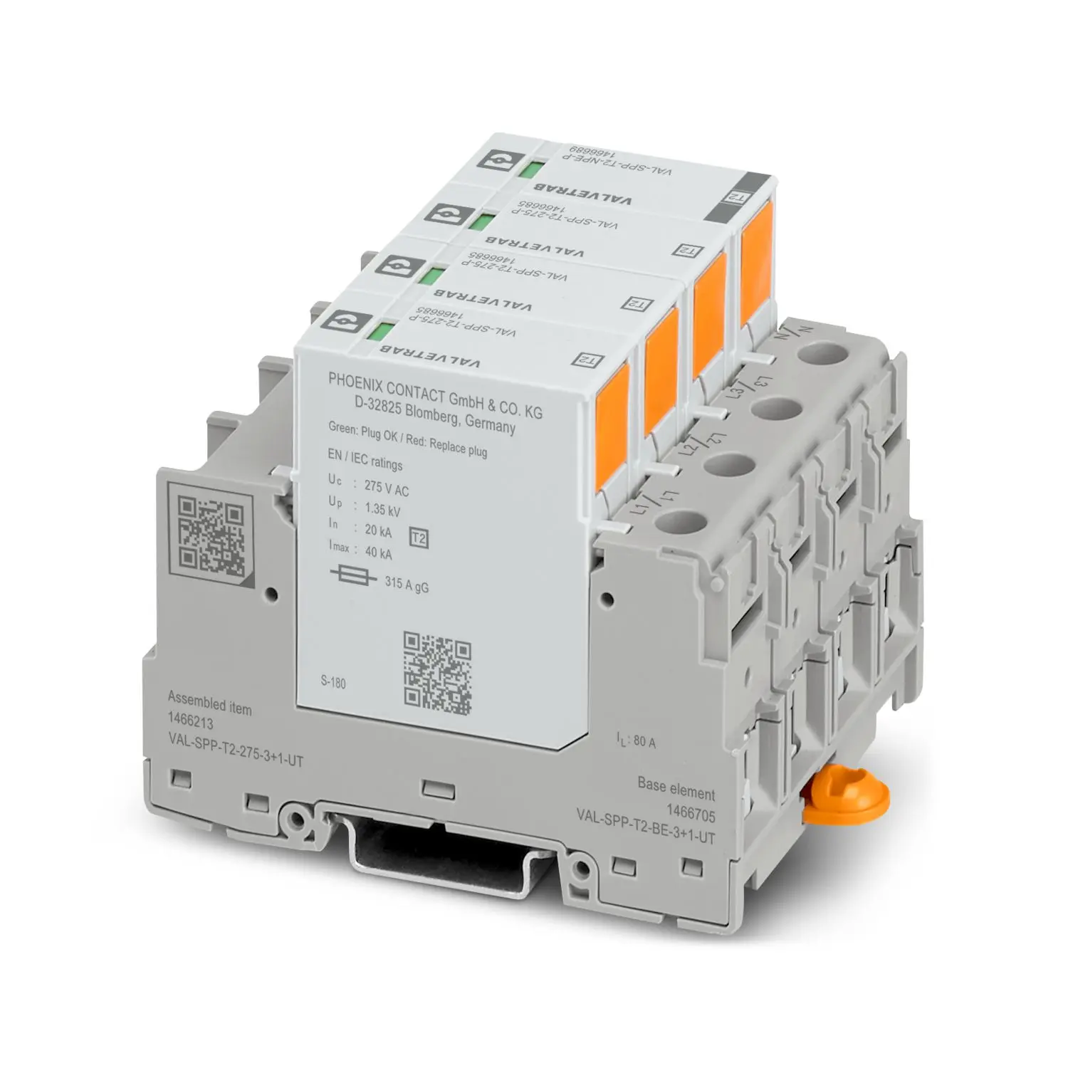 Produktfoto 1 von Phoenix VAL Überspannungsableiter Arrester Typ 2 40 kA 305V dc, DIN-Hutschiene, -40 °C→85 °C