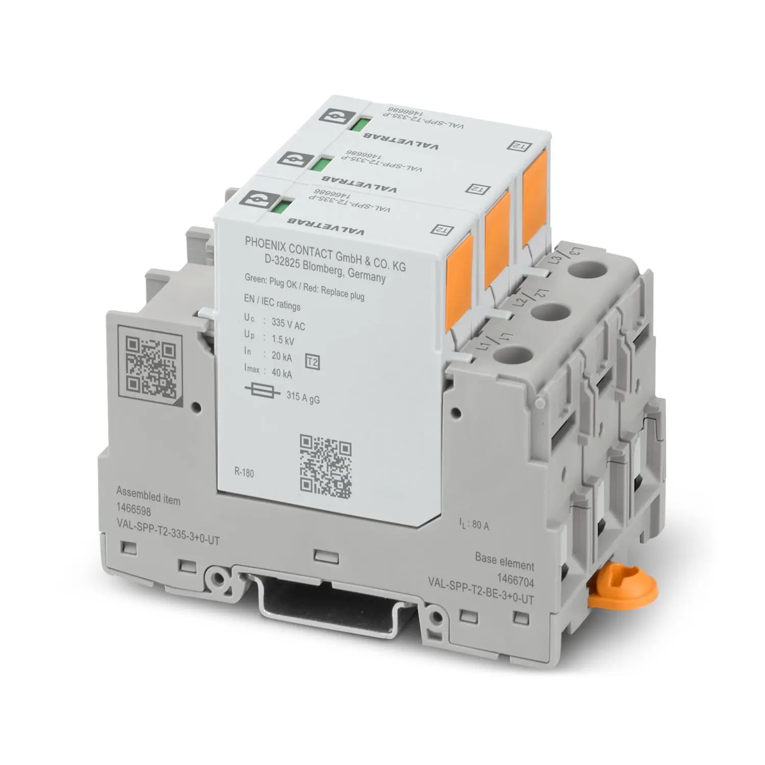 Produktfoto 1 von Phoenix VAL Überspannungsableiter Arrester Typ 2 40 kA 335V dc, DIN-Hutschiene, -40 °C→85 °C
