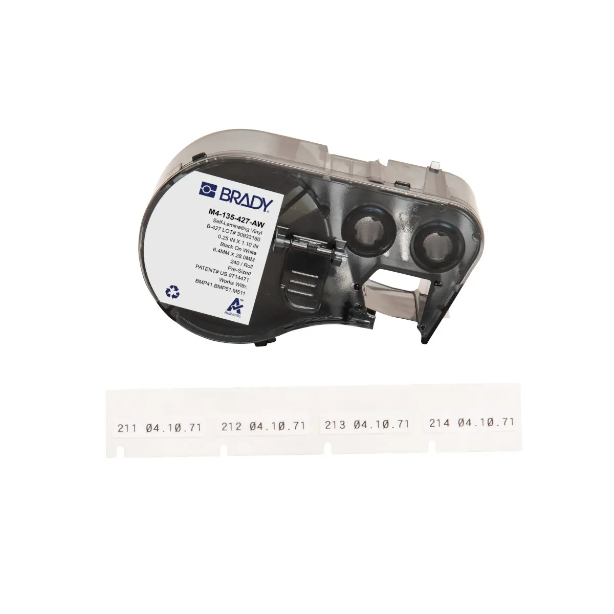 Produktfoto 1 von Brady Beschriftungsetiketten Schwarz für BMP51, M410, M511, BMP53, BMP41, M510 auf Weiß 1.1 Zoll 0.25 Zoll 1.1 Zoll 0.25
