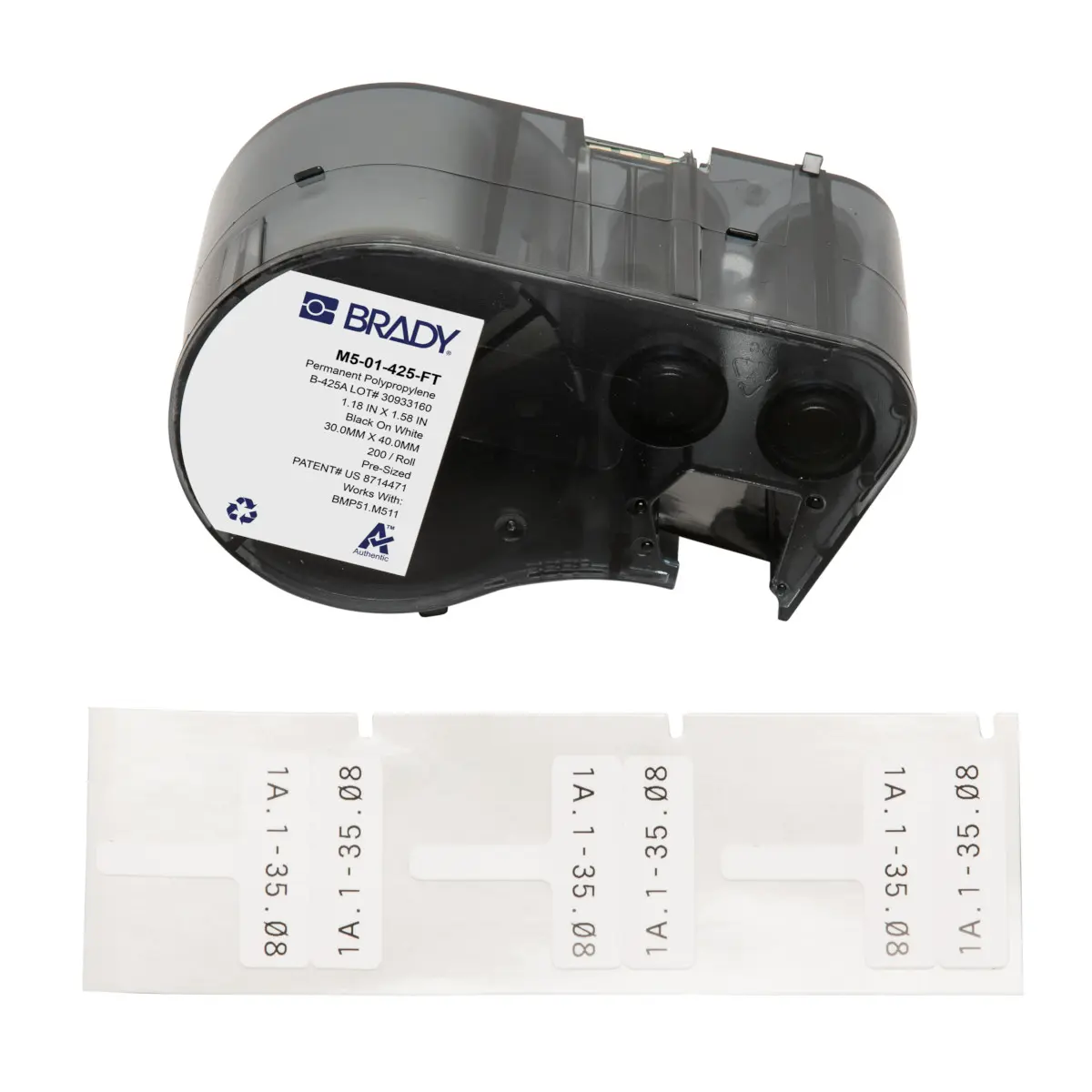 Produktfoto 1 von Brady Beschriftungsetiketten Schwarz für M510, BMP51, BMP53, M511 auf Weiß 1.575 Zoll 1.181 Zoll 1.574 Zoll 1.181 Zoll