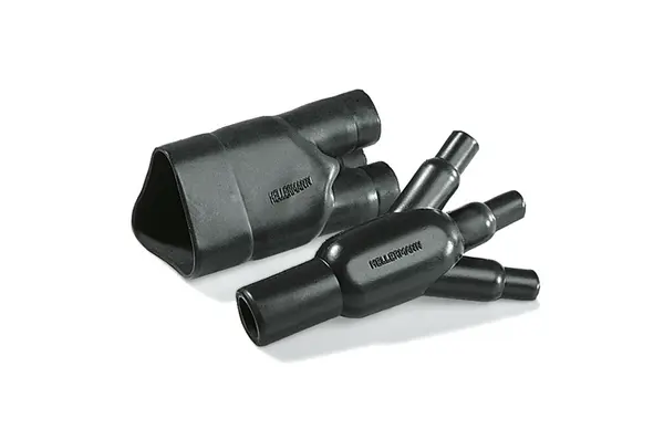 Produktfoto 1 von HellermannTyton Wärmeschrumpfschlauch, 3-Wege-Auslassform, Polyolefin vernetzt Haftrücken, Schwarz 27 mm, 3-Wege 135 °C