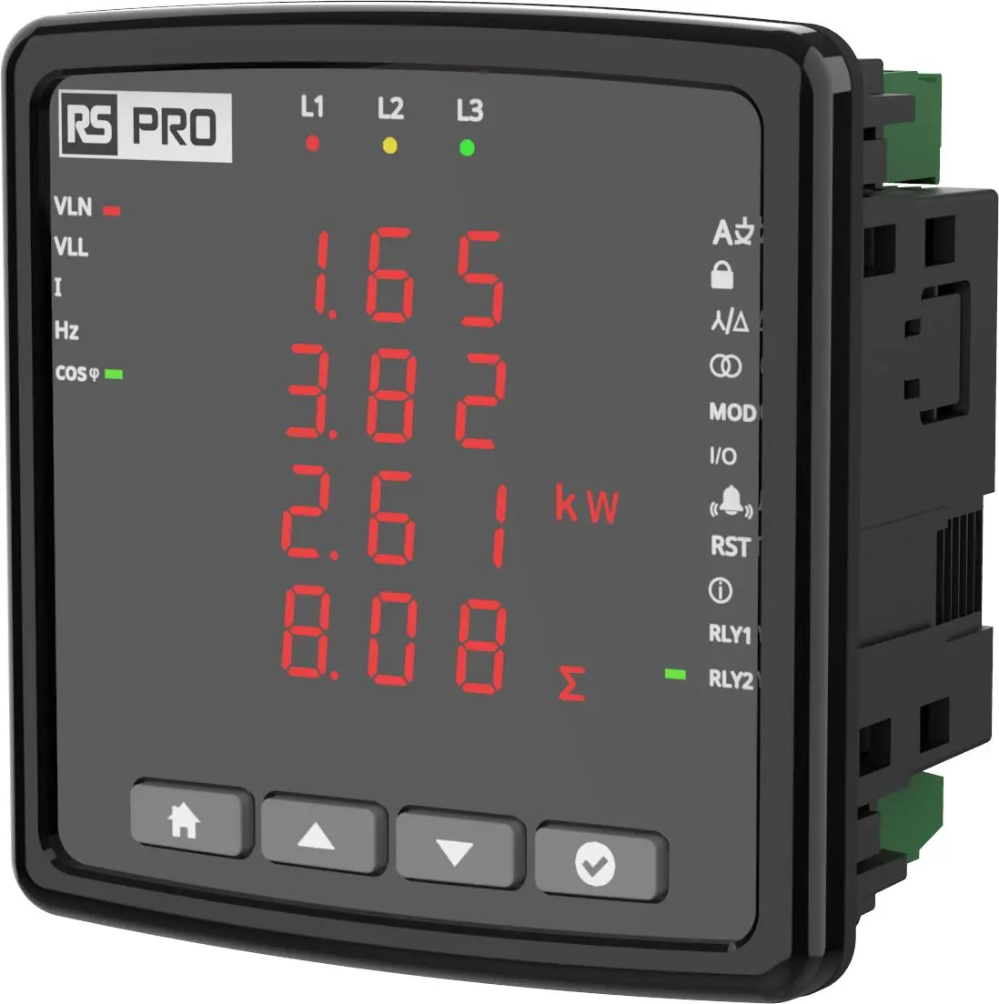 Produktfoto 1 von RS PRO EMM-04 LCD Digitales Multifunktionsmessgerät für Spannung, Leistungsfaktor, Strom, Frequenz H 96 mm B 45 mm T. 96