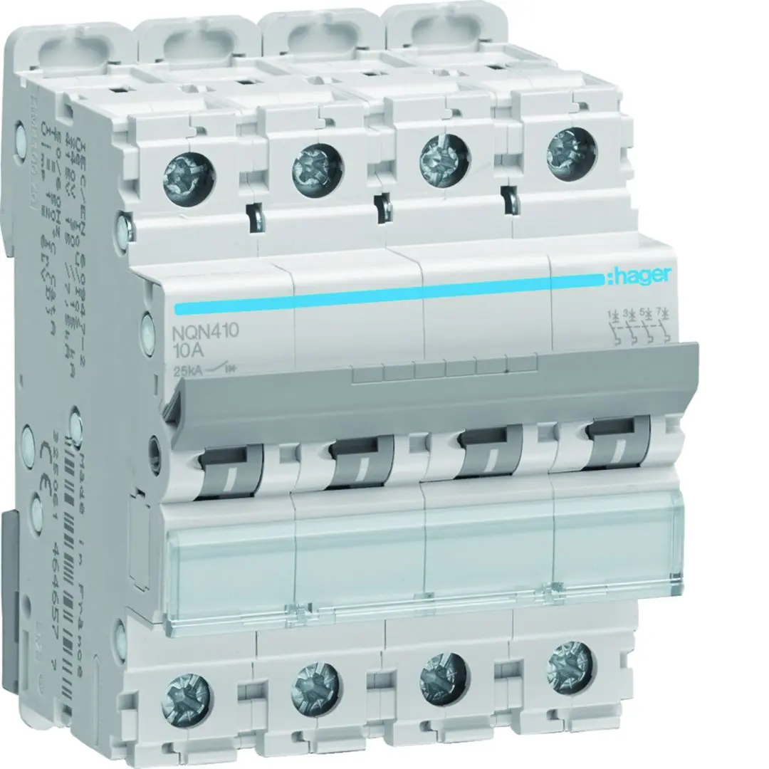 Produktfoto 1 von Hager NQN Miniaturüberlastschalter Typ B, Pol 4-polig 10 A 415 V ac, Abschaltvermögen 25 kA NQN