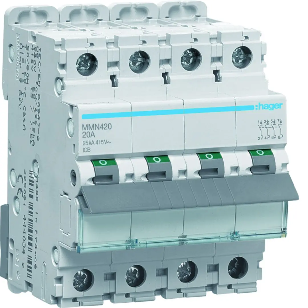 Produktfoto 1 von Hager MMN Miniaturüberlastschalter Magnetisch, Pol 4-polig 20 A 415 V ac, Abschaltvermögen 25 kA MMN