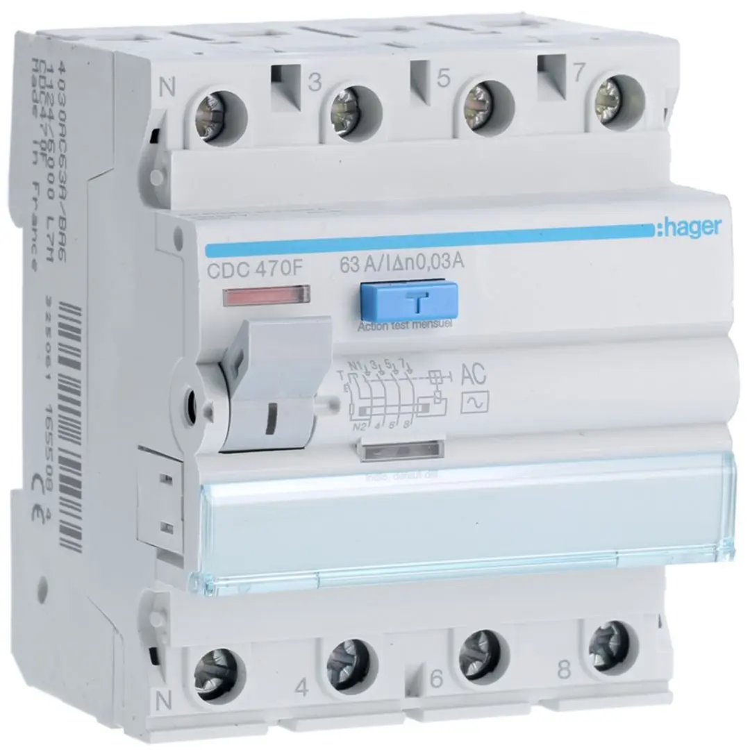 Produktfoto 1 von Hager CDC RCD/FI-Schalter, 4-polig, 63A, 30mA Typ AC Hager 230 → 400V