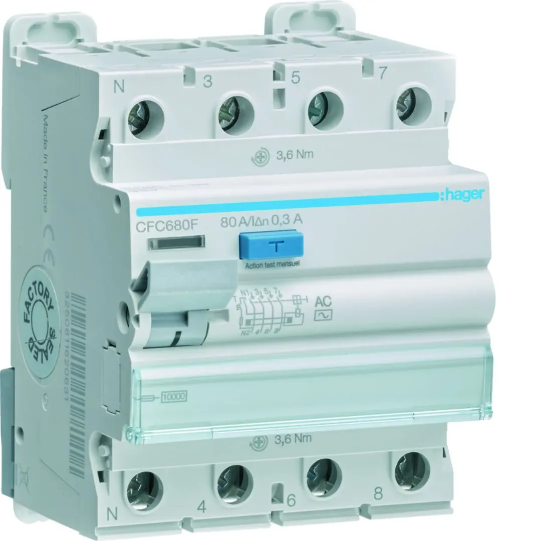Produktfoto 1 von Hager CFC RCD/FI-Schalter, 4-polig, 80A, 300mA Typ AC Hager 230V