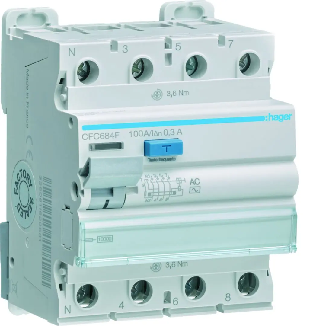 Produktfoto 1 von Hager CFC RCD/FI-Schalter, 4-polig, 100A, 300mA Typ AC Hager 230V