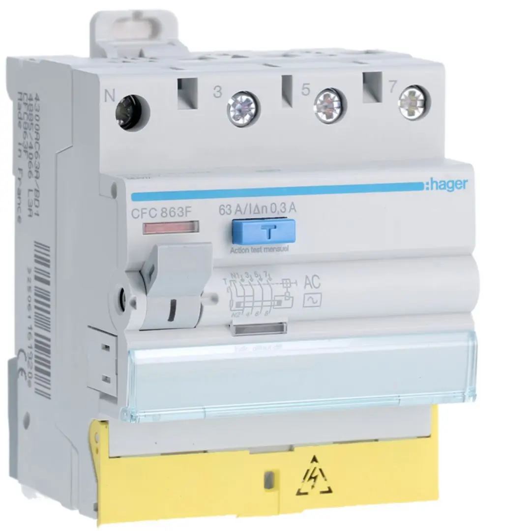 Produktfoto 1 von Hager CFC RCD/FI-Schalter, 4-polig, 63A, 300mA Typ AC Hager 230 → 400V