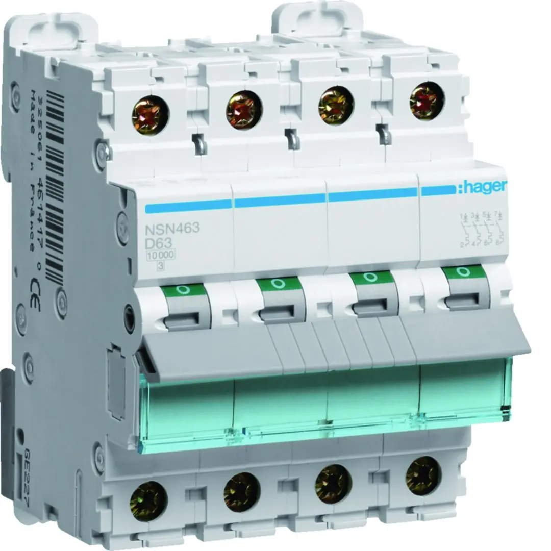 Produktfoto 1 von Hager NSN Schutzschalter Typ D, Pol 4-polig 63 A 415 V ac, Abschaltvermögen 15 kA NSN