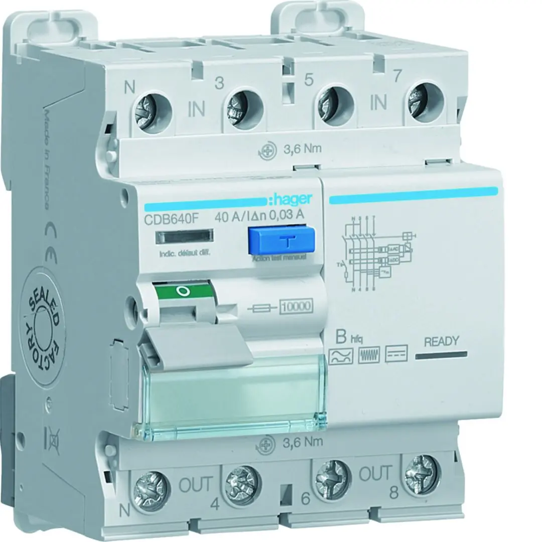 Produktfoto 1 von Hager CDB RCD/FI-Schalter, 4-polig, 40A, 30mA Typ B Hager 230 → 400V