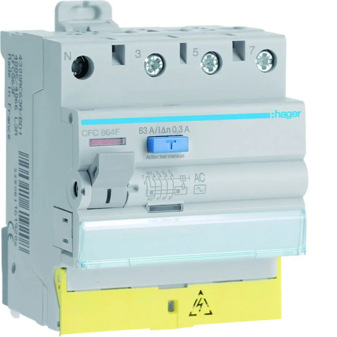 Produktfoto 1 von Hager CFC RCD/FI-Schalter, 4-polig, 63A, 300mA Typ AC Hager 230 → 400V