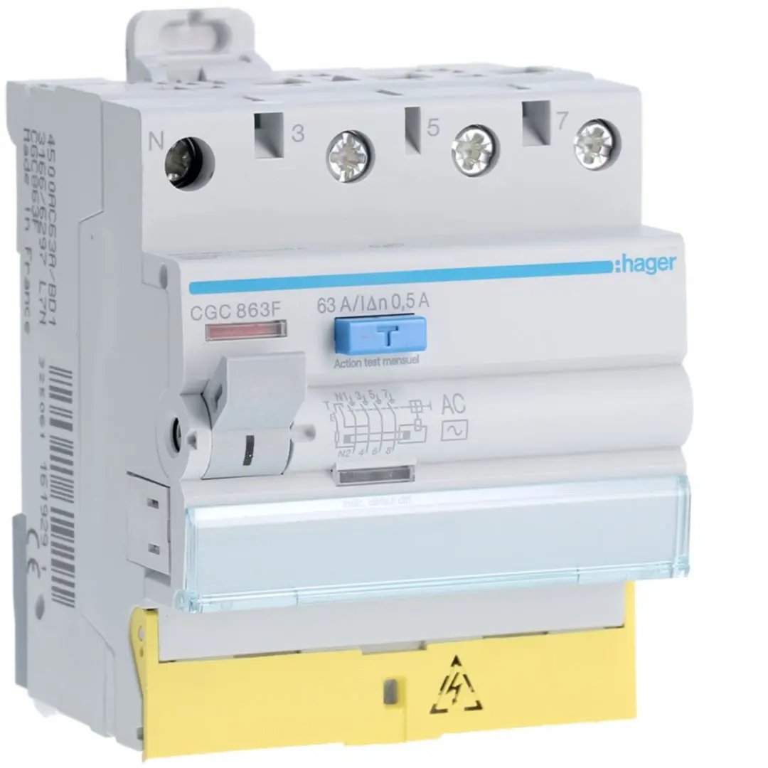 Produktfoto 1 von Hager CGC RCD/FI-Schalter, 4-polig, 63A, 500mA Typ AC Hager 230 → 400V