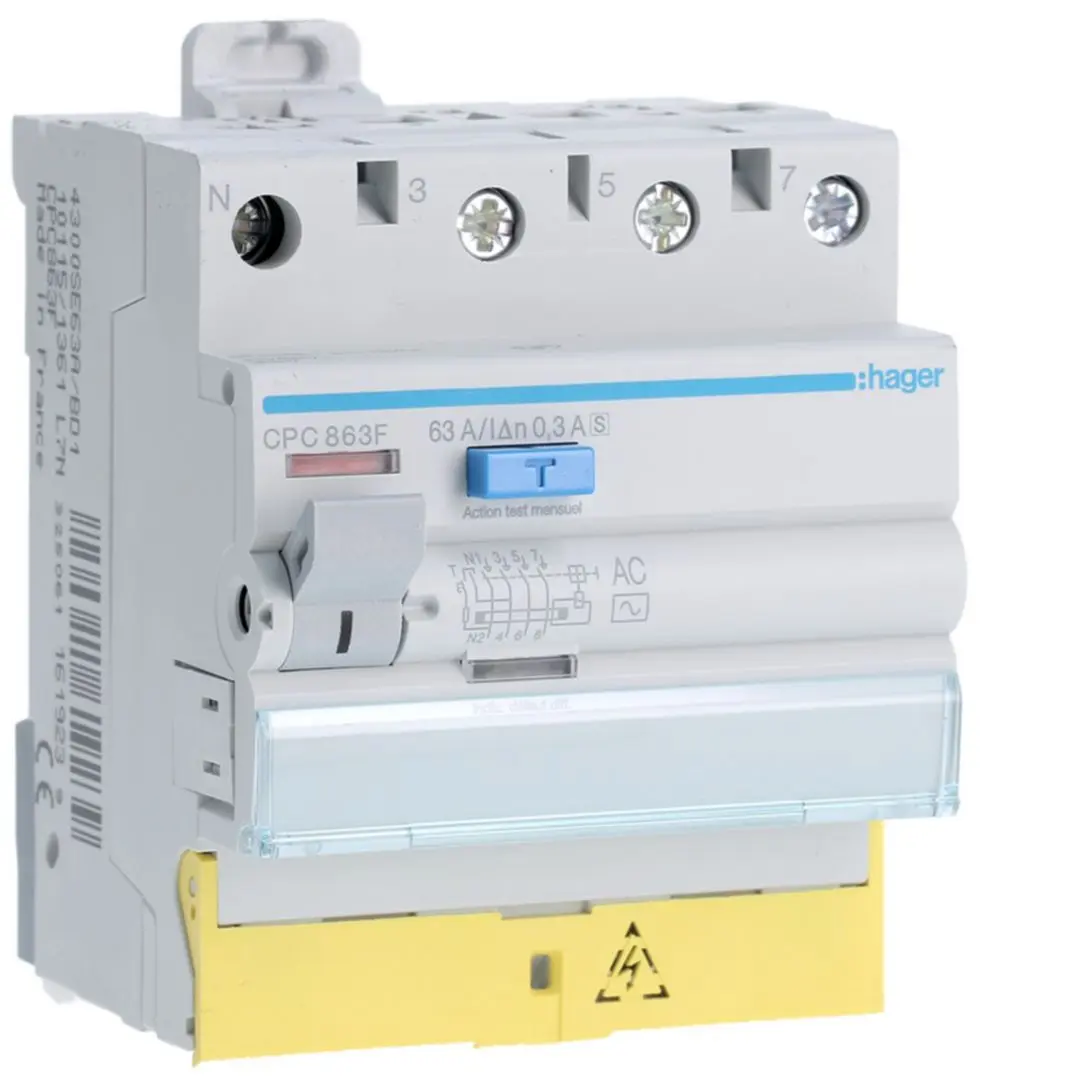 Produktfoto 1 von Hager CPC RCD/FI-Schalter, 4-polig, 63A, 300mA Typ AC Hager 230 → 400V