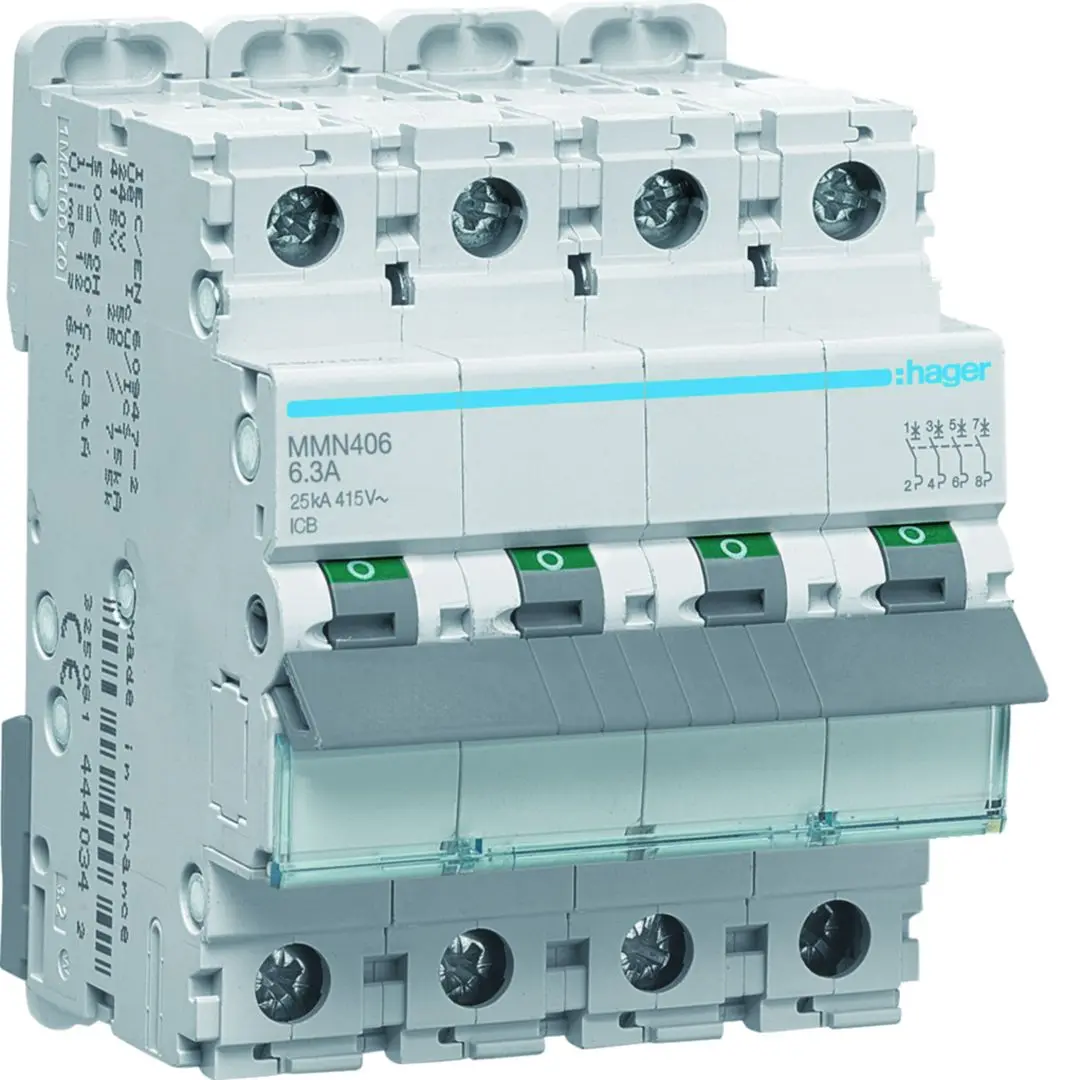 Produktfoto 1 von Hager MMN Schutzschalter Typ AC, Pol 4-polig 6.3 A 415 V ac, Abschaltvermögen 25 kA MMN
