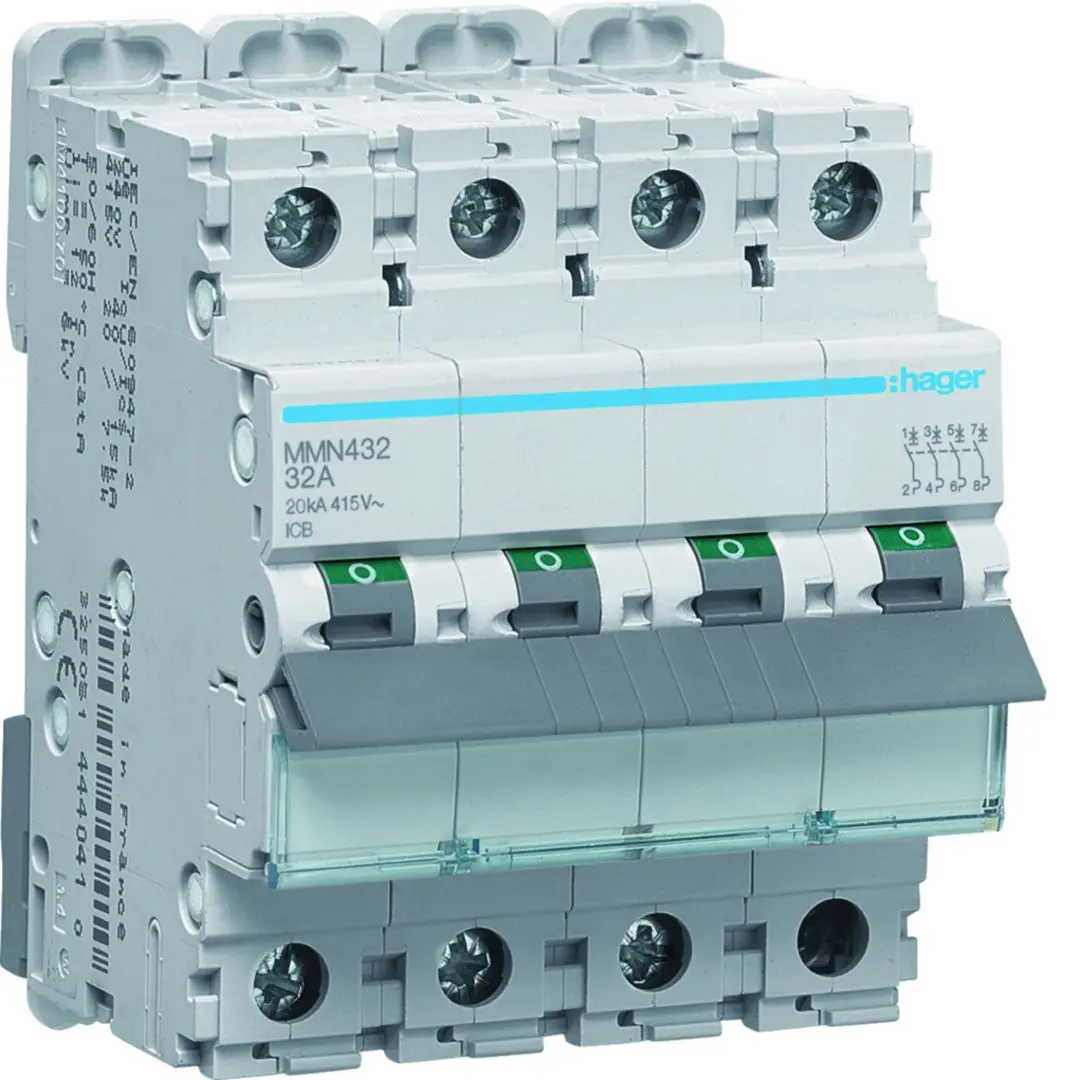 Produktfoto 1 von Hager MMN Schutzschalter Typ AC, Pol 4-polig 32 A 415 V ac, Abschaltvermögen 20 kA MMN
